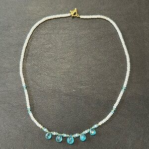 Blue Faucet Crystal With White & Bead Vintage Necklace Toggle Clasp